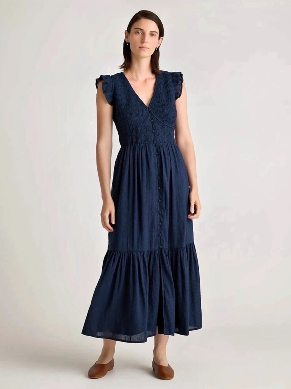 Quince Navy Organic textured cotton Ruffle Sleeve smocked Maxi Dress Medium